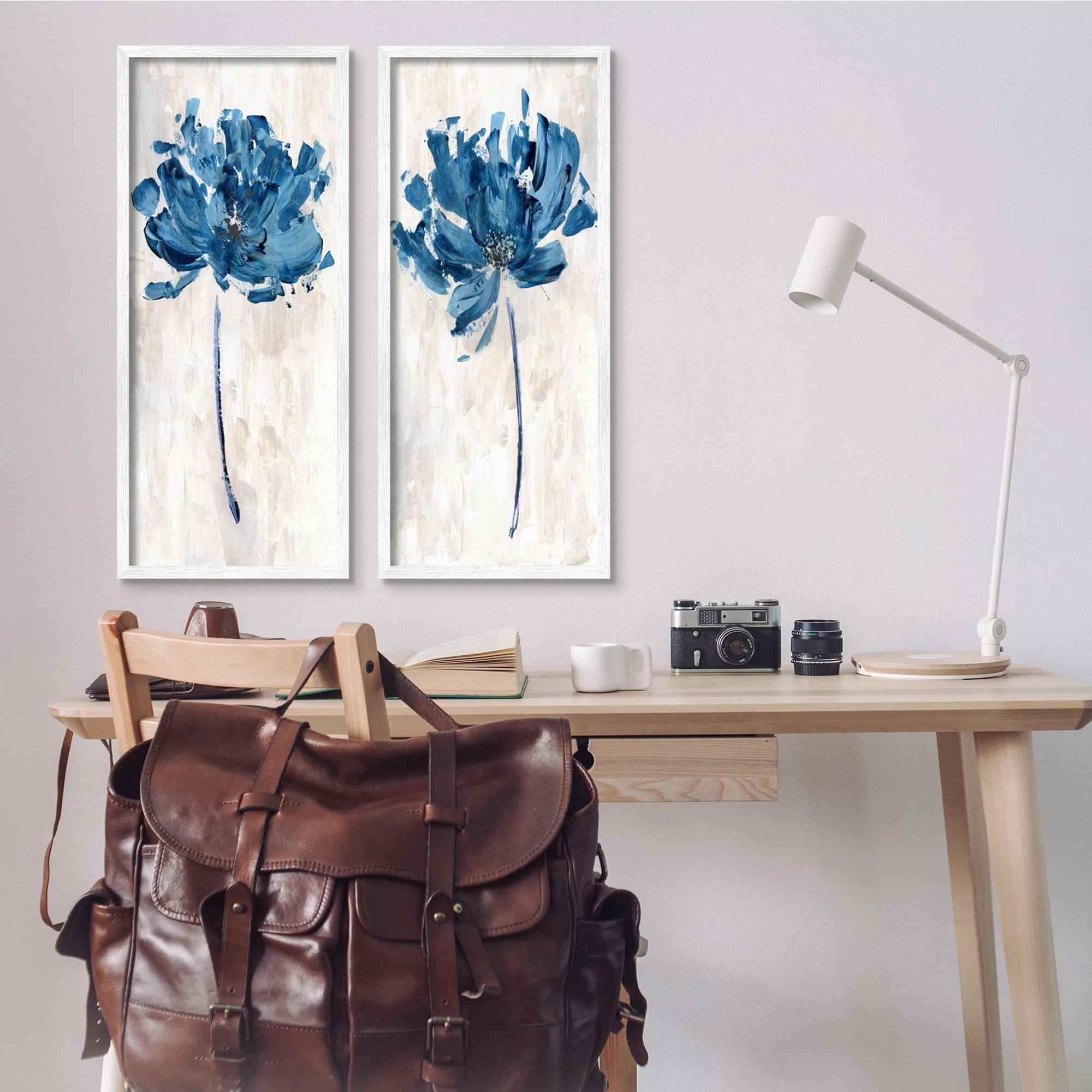 Stupell Industries Vivid Blue Abstract Flowers Rustic Florals Neutral Beige, 13 x 30, Design by Katrina Craven