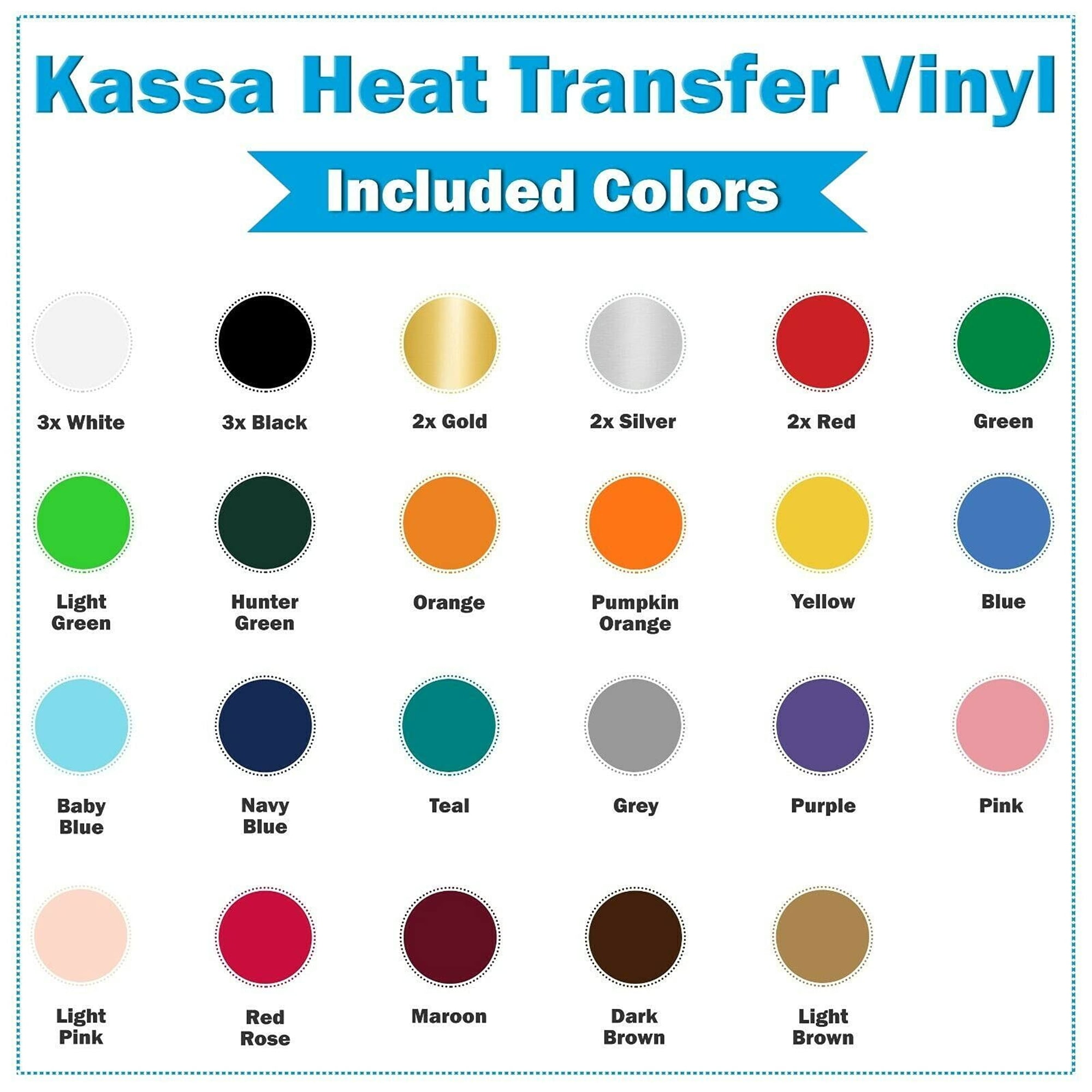 Kassa HTV Assorted Colors Heat Transfer Vinyl:30 Sheets is 12” x 10” Each; Iron-on,Clothing and Textiles; Includes Teflon Sheet and Weeding Tool for Easy Transfers,Leather.Multi-color