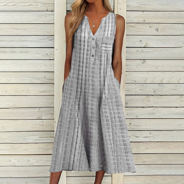 EGNMCR Robes d'Été Femmes Tendance 2024 Mode Femme Décontractée Sans Manches à Col en V à Boutons à Rayures Imprimées avec Poche Robe Maxi