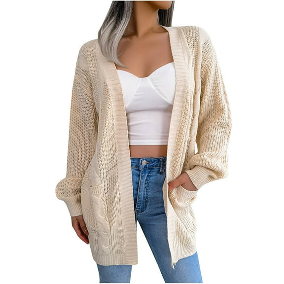 VSSSJ Women's Long Sleeve Cardigan Chunky Cable Knit Draped Solid Color Casual Open Front Fall Winter Sweater Coat with Pockets Beige S