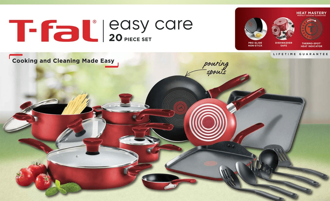 T-Fal Easy Care Thermo-Spot 20 Piece Non-Stick Dishwasher Safe Cookware Set,  Red 