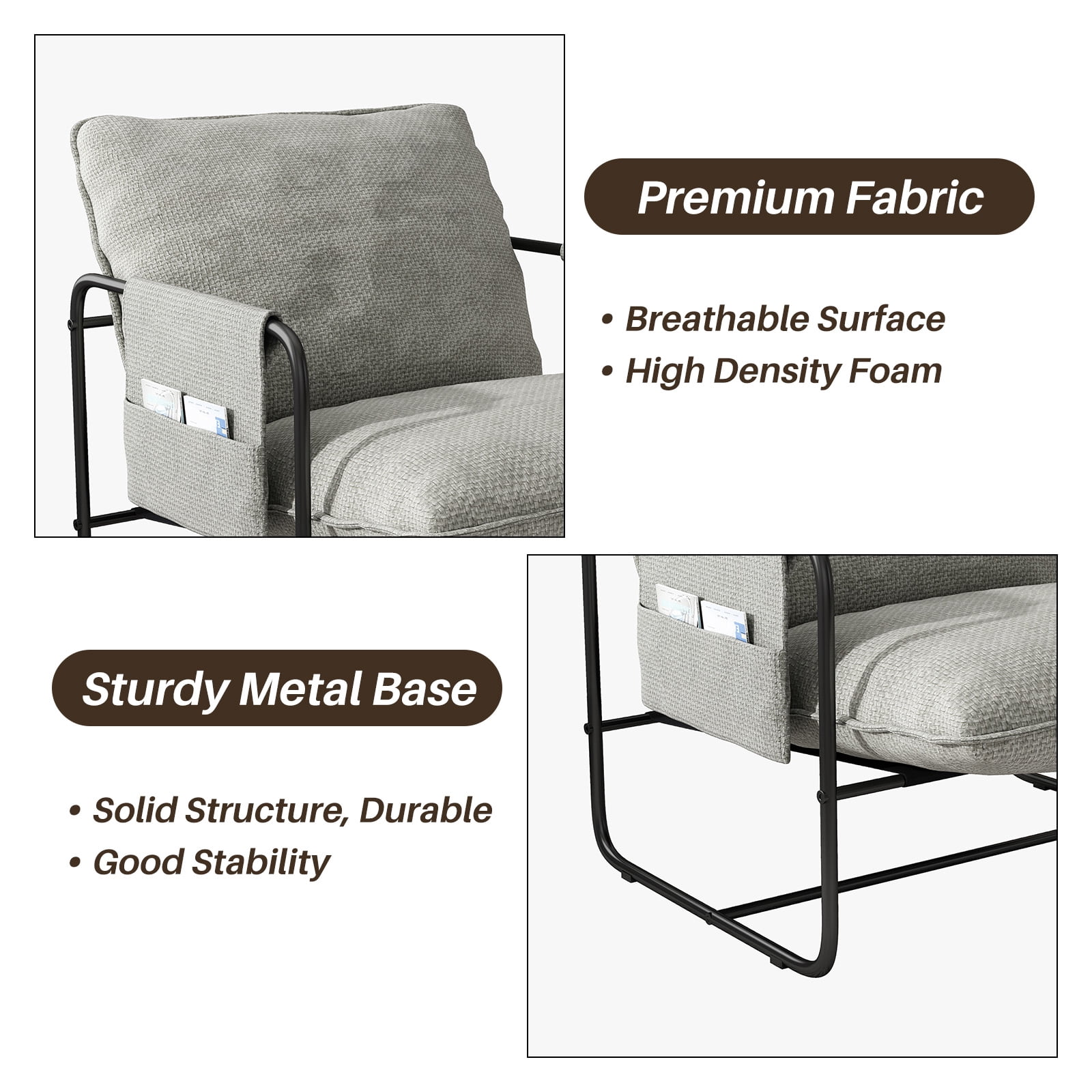HomeZeer Metal Framed Sling Accent Chair, Living Room Accent Arm Chair with Removable Storage Bag, Linen Fabric Upholstered Leisure Chair for Reading Room, Beige