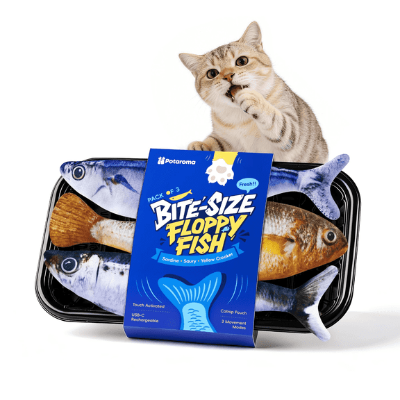 Potaroma Cat Toys Bite-Sized Flopping Fish with Catnip, Realistic Tap-Activated Moving Kitten Kicker, 3 Floppy Mode Wiggle Sardine/Saury/Yellow Croaker Interactive Motion Kitty Exercise
