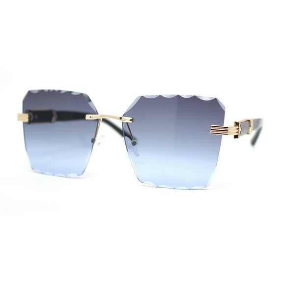 Womens Luxury Rimless Beveled OG Plastic Wood Buff Arm Metal Sunglasses Gold Black - Blue