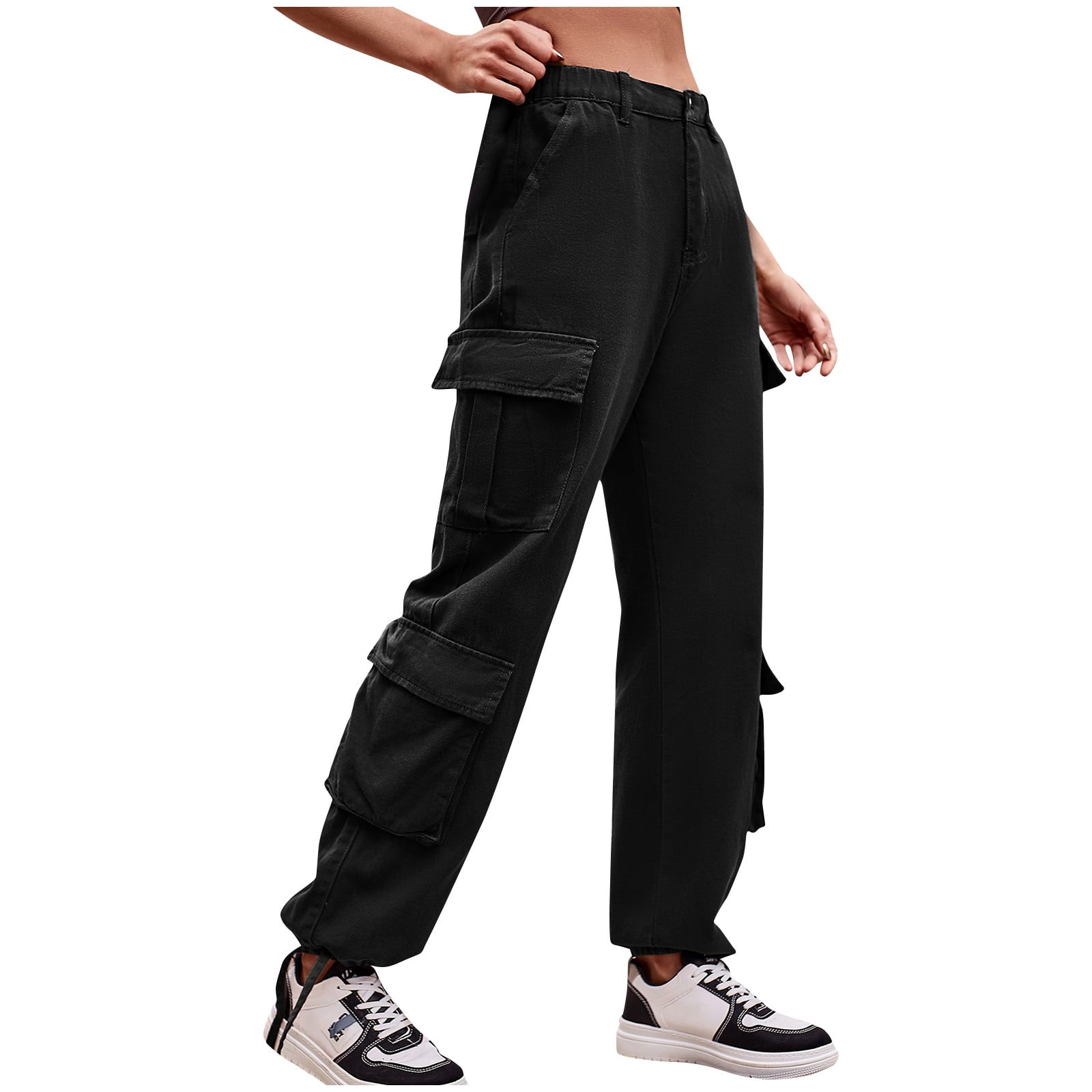 HIMIWAY Cargo Pants Women Palazzo Pants for Women Women's Fashion Casual  Solid Color Drawstring Jeans Overalls Sports Pants Black E L 