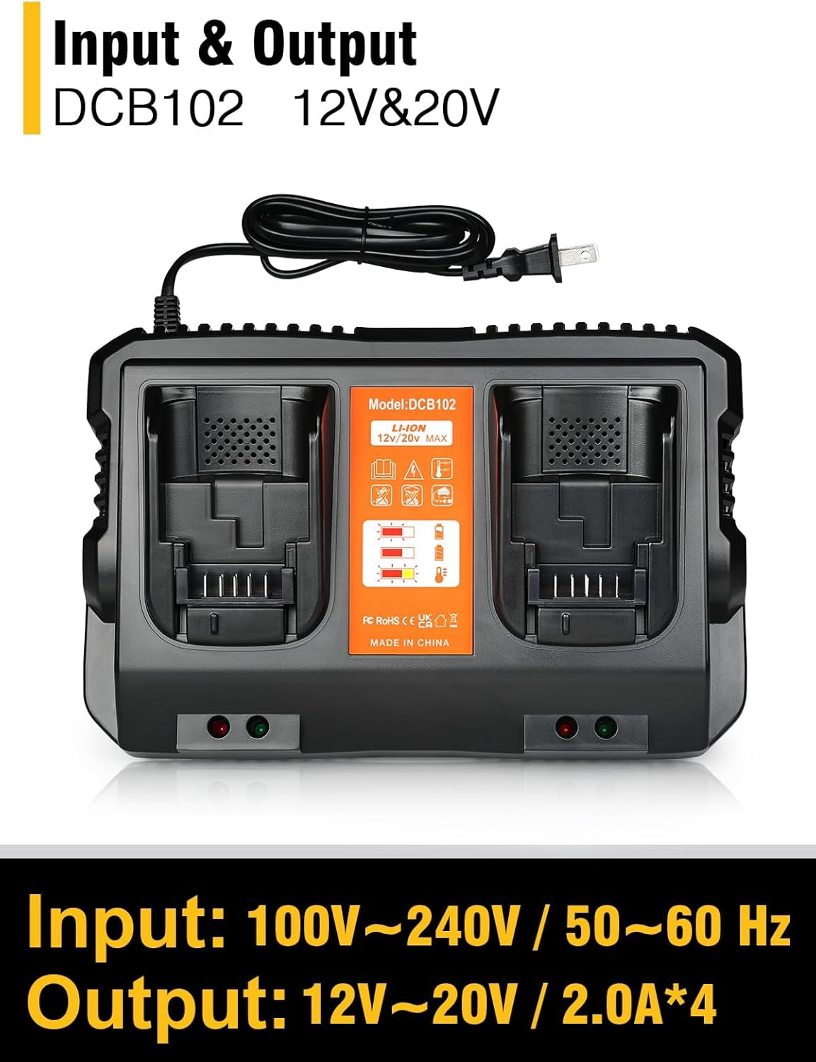 Abeden DCB102 Dual-Ports Battery Charger Compatible DeWalt 12V 20V Max Lithium Battery