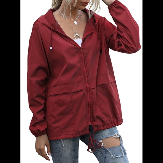 Impermeables para Mujer, Impermeables, Resistentes Al Viento, Ajustables, con Capucha y Bolsillos. Vino Tinto M