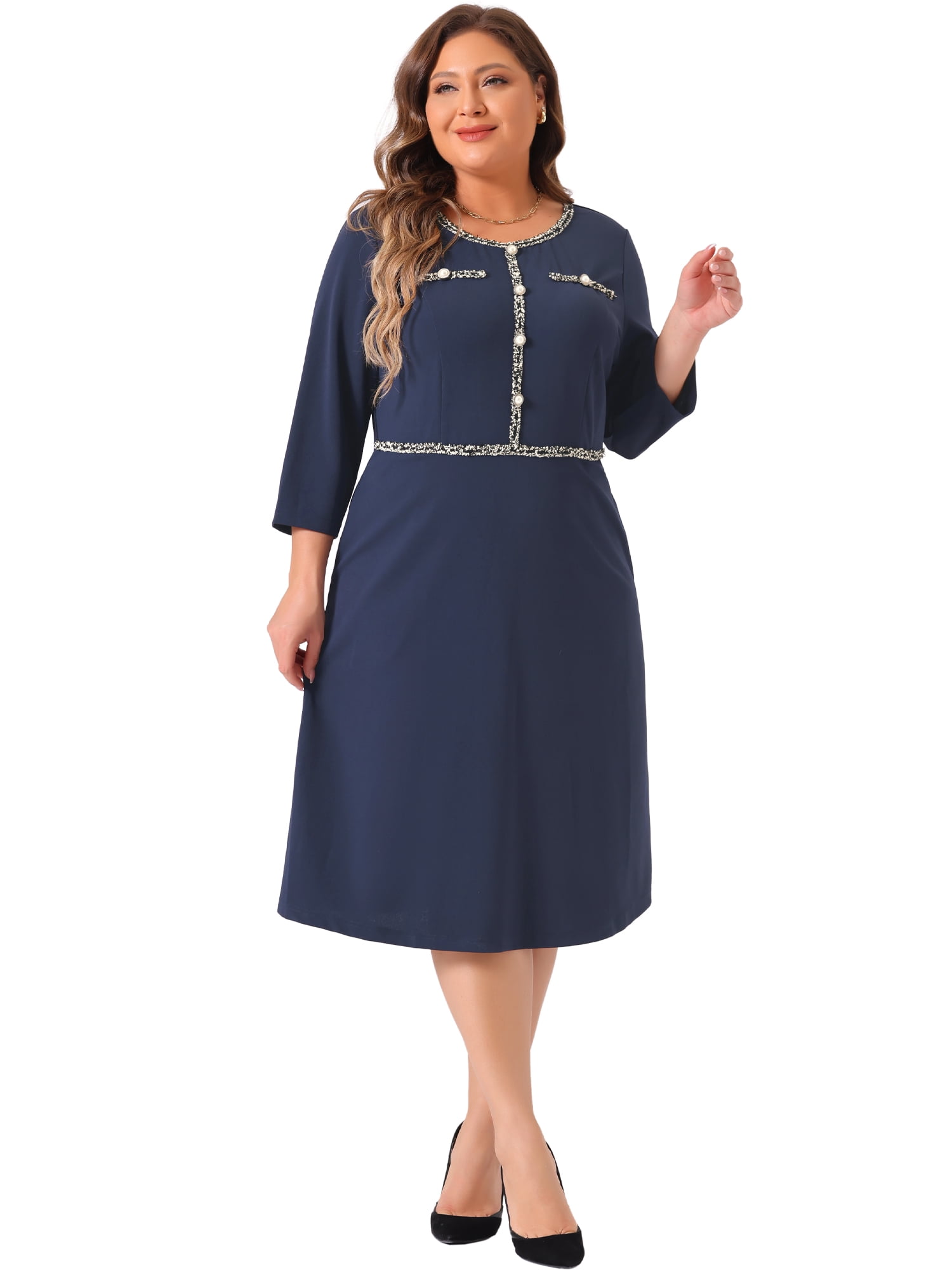 DARING DIVA Plus Size Crew Neck 3/4 Sleeve Vintage Cocktail Dress 1X Dark Blue