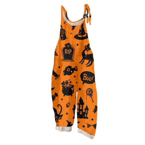 JULMCOMO Halloween Jumpsuits for Women Cotton Linen Bat Pumpkin Ghost Printed Spaghetti Strap Holiday Jumpsuits Plus Size Loose Cute Print Overalls Yellow XL