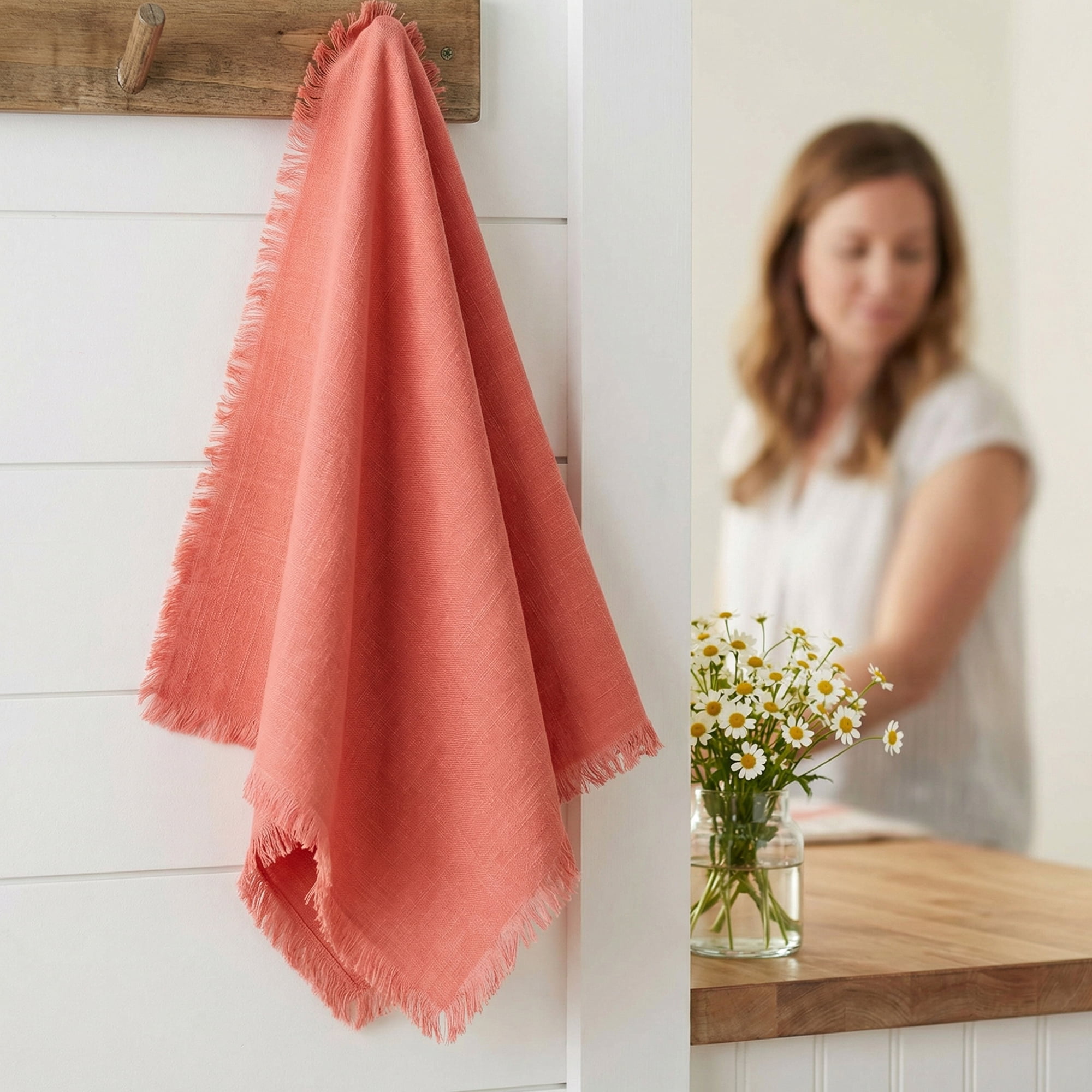Unique Bargains Soft Absorbent Cotton Linen Kitchen Towels 4 Pack Orange/Pink 18" x 18"