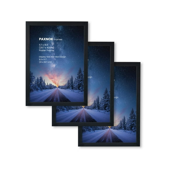 PAXNOK Black A3 Picture Frames Display 11.7 x 16.5 inch Posters and Pictures - Horizontal and Vertical Wall Hanging Option - Frame Hanging Hardware Included - Set of 3