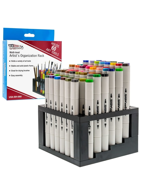U.S. Art Supply 60 Hole Multi-Level Plastic Organization Rack Pencil, Brush & Supply Holder - Desk Stand Holding Rack