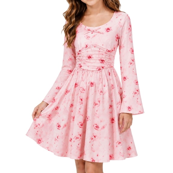 Lanbubble Girls Long Sleeve Dress Square Neck Bell Sleeve A-Line 13-14Y