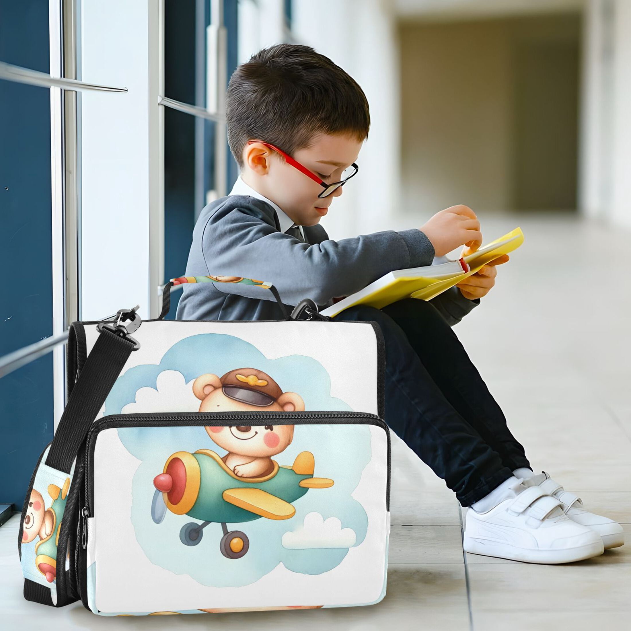 3 Ring Zipper Binder with Shoulder Strap Waterproof Trapper Keeper 2 Inch D-Ring 500 Sheets Capacity Cute Bear in Airplane