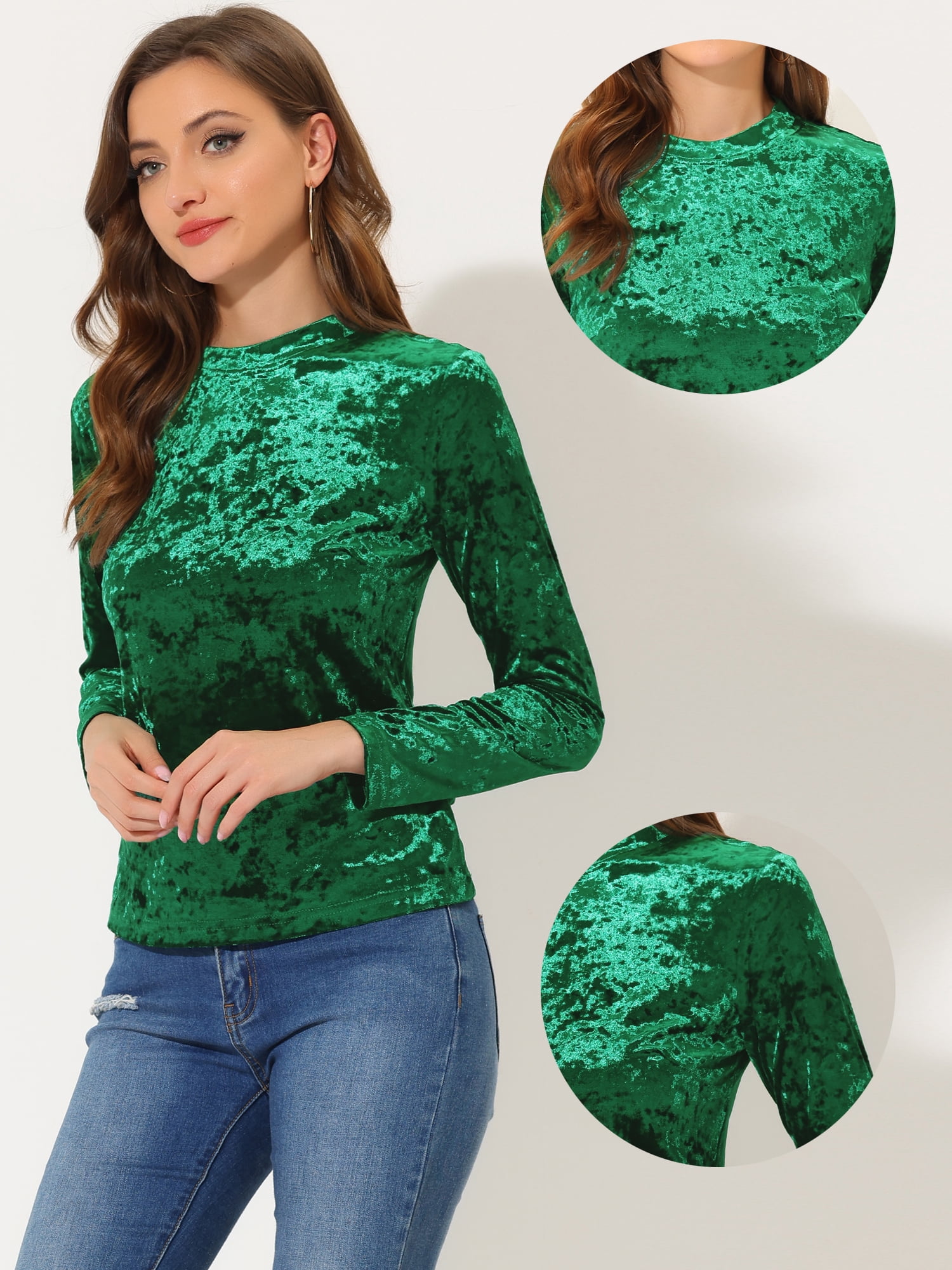 DARING DIVA Velvet Tops Round Neck Casual T-Shirt XL Green