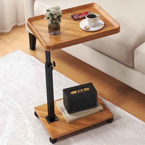 Historyli Mesa auxiliar QinaQin C de altura ajustable,mesas giratorias de 360° para TV,mesas de sofá deslizables debajo del sofá con ruedas,mesas auxiliares para sofá,madera