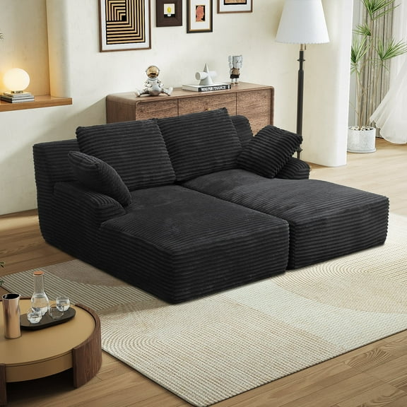 Kallabe 77.8'' Chaise Lounge Chair Sofa Bed, Oversized Double Lounge Chair, Black Corduroy Cloud Couch, Sleeper Sofa for Living Room, Bedroom, No Assembly