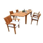 7 PC A Grade Outdoor Patio Teak Dining Set - 122" Double Extension Caranas Table & 6 Naples Stacking Arm Chairs