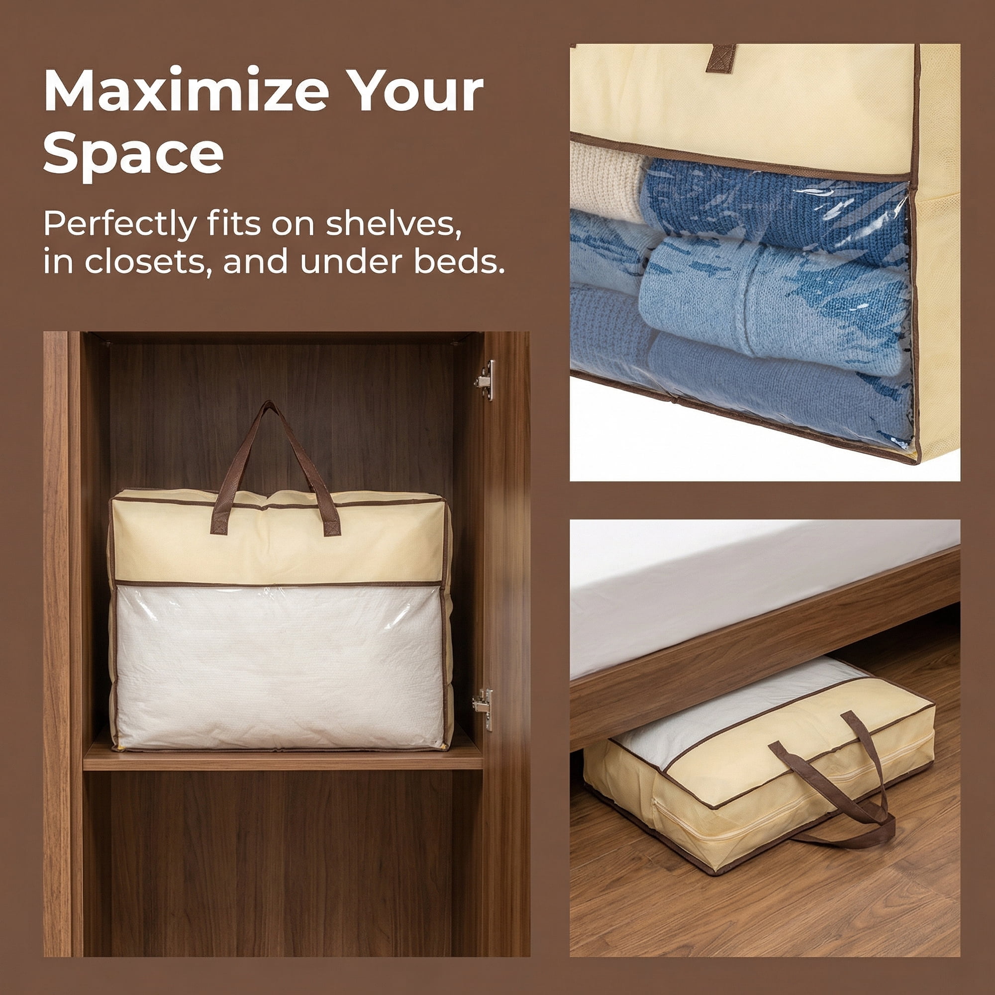 Unique Bargains Storage Bag for Organizing Clothing with Handles Beige 19.7"x25.6"x7.9"