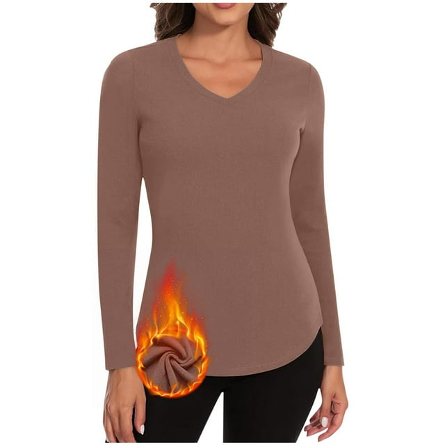 Timegard Womens Tops Fleece Lined Comfy Skinny Tops V Neck Thermal Underwear Fall Winter Solid Color