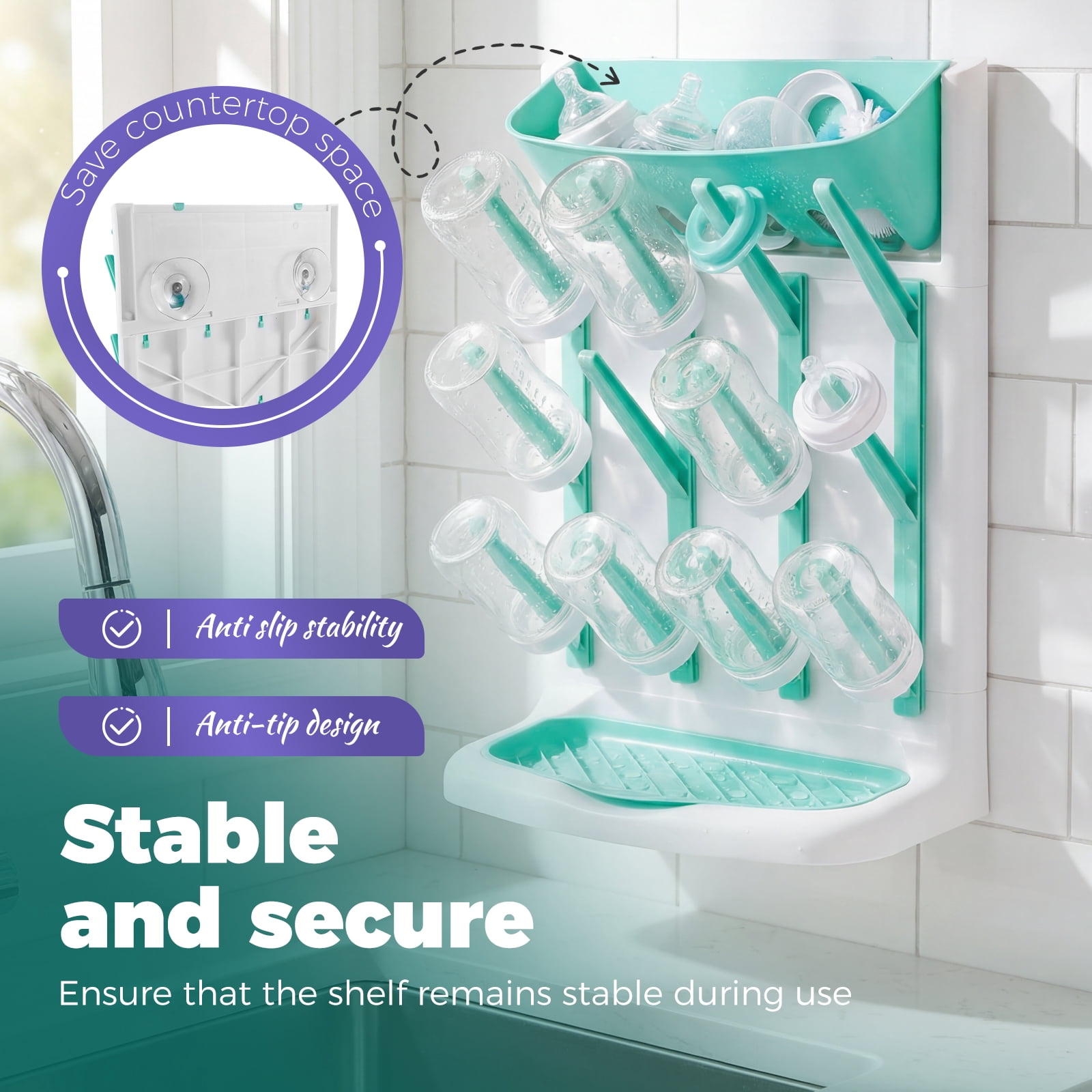 Baby Bottle Drying Rack Plastic Vertical Standing Bottle Dryer Holder with Detachable Bottom Drip Tray Space Saving for Kitchen Countertop