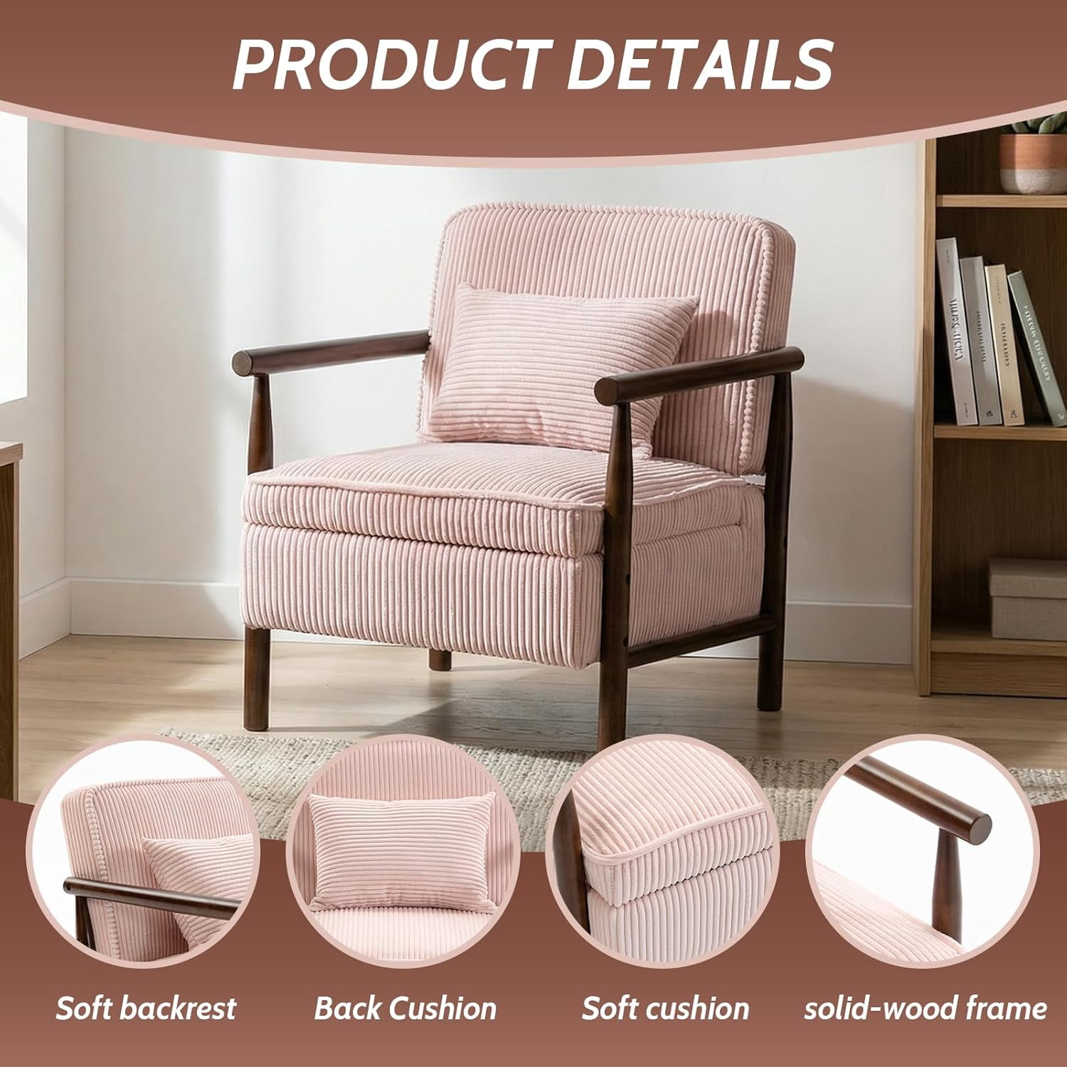 MOONMISS Accent Chair with Hidden Storage, Armchair with Solid Wood Frame, Corduroy Fabric Accent Chair for Living Room,Pink