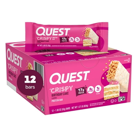 Quest Crispy Protein Bar, Birthday Cake Flavor, Low Sugar, 12 Count