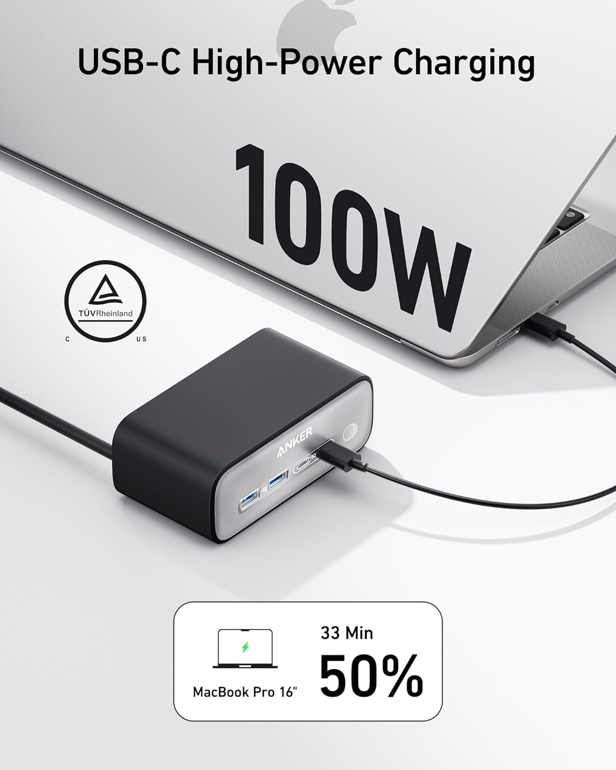 Anker Charging Station(100W Max), 7-in-1 USB C Power Strip for iPhone 15/14 and Macbook Air/Pro, 5ft Thin Cord,3 AC, 2 USB A,2 USB C,Power Delivery Desktop Accessory for MacBook Pro,