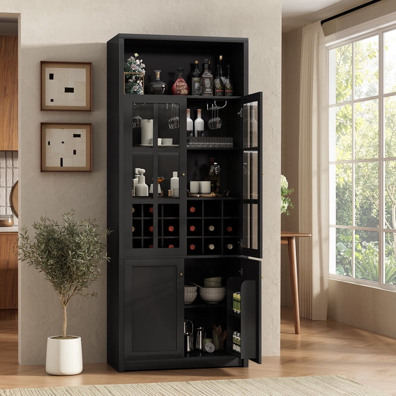 Tall Wine Storage Cabinet with Glass Doors, Freestanding Home Bar Pantry Cabinet with Goblet Rack & 18-Bottle Grid