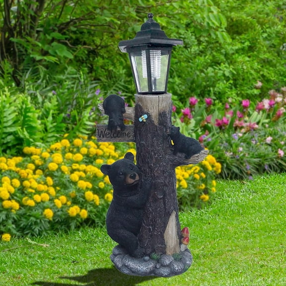 Bear Statue Welcome Sign Garden Statue with Solar Lights, 19 Inches Resin Bear Family on The Tree, Outdoor Bear Décor for Yard, Garden, Lawn, Patio, Black and Brown Animal Statue