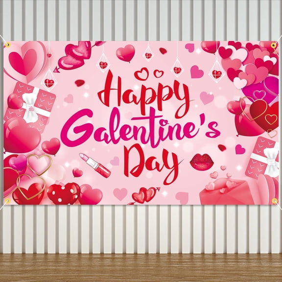 Red Pink Happy Galentine’s Day Backdrop Banner with Hearts Party Background Banner for Valentine’s Day Galentines Day Party Decorations Supplies