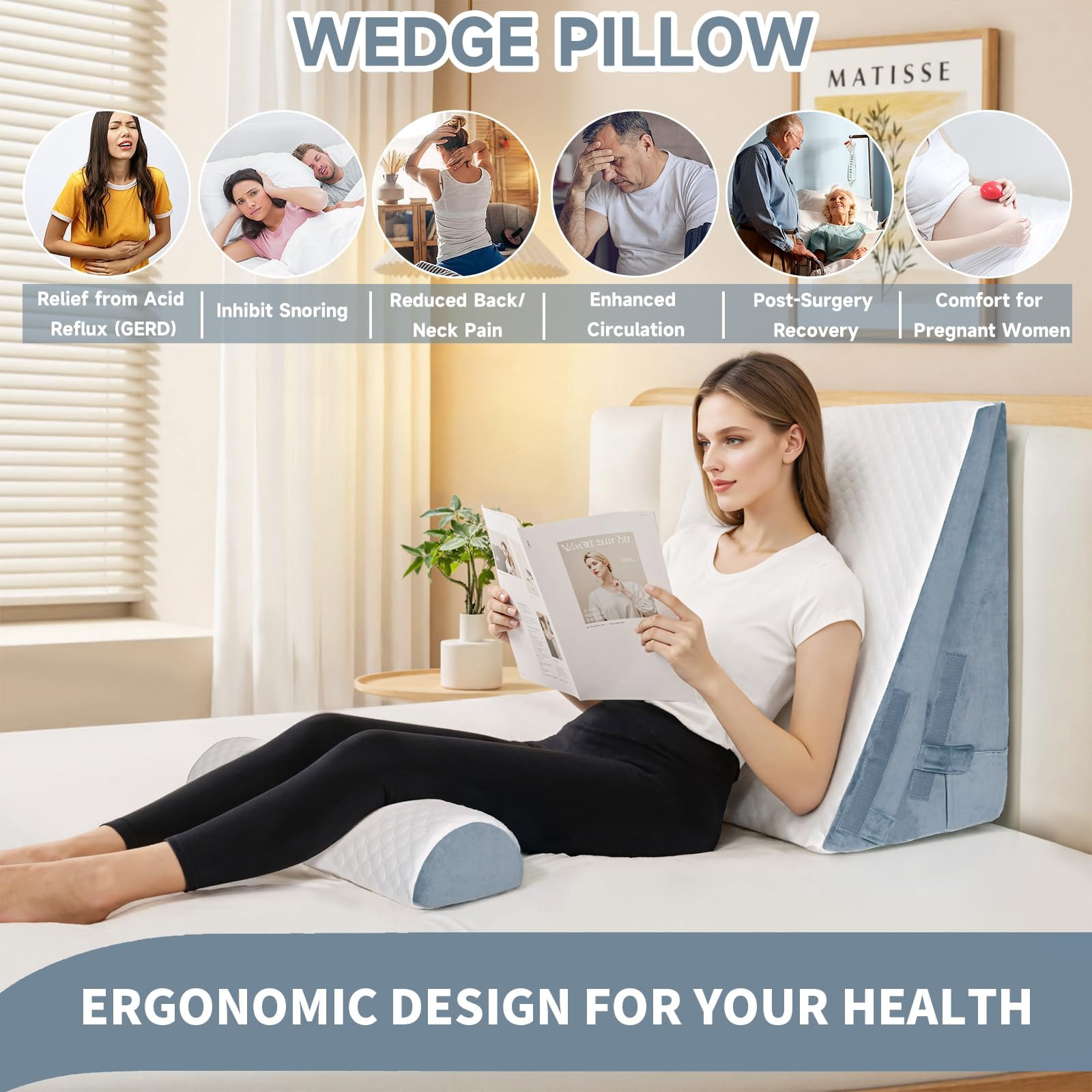 Bed Wedge Pillow For Sleeping  3 Adjustable Height 4.5&7.5&12 Inch Triangle Acid Reflux (gray)