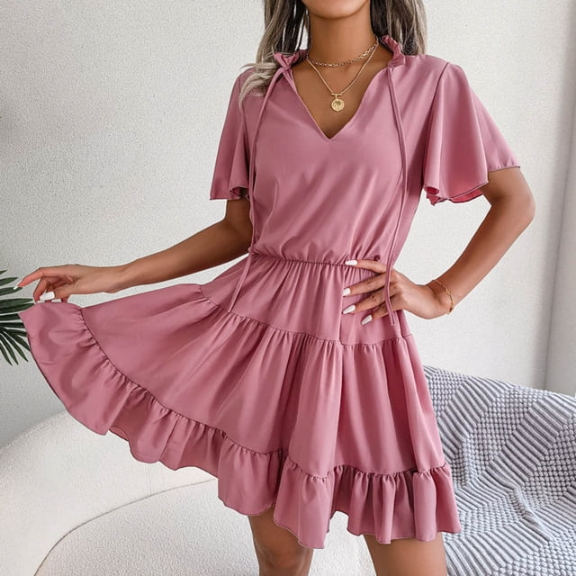 SMihono Robe d'Été Bohème pour Femmes Grande Taille Mode Robe d'Été Décontractée Slim en Forme de V Manches Courtes Couleur Unie