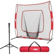 SPECSTAR 7x7Ft Baseball Softball Practice Net with Strike Zone Target Tee and Carry Bag, Red