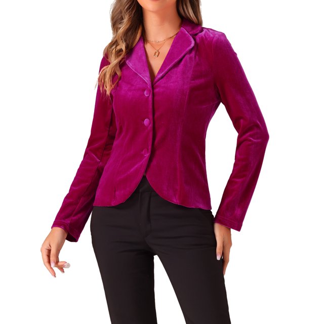 Blazer de terciopelo de manga larga con solapa de pico para mujer INSPIRE CHIC S Rosa Fucsia