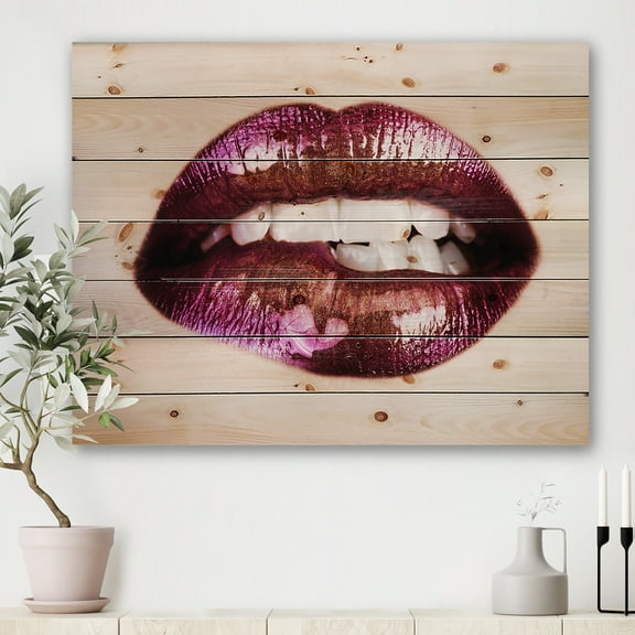 Designart 'Close-Up Of Purple Female Lips' Modern Print on Natural Pine Wood