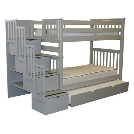 Bedz King Tall Stairway Bunk Beds Twin over Twin with 4 Drawers in the Steps and a Twin Trundle 