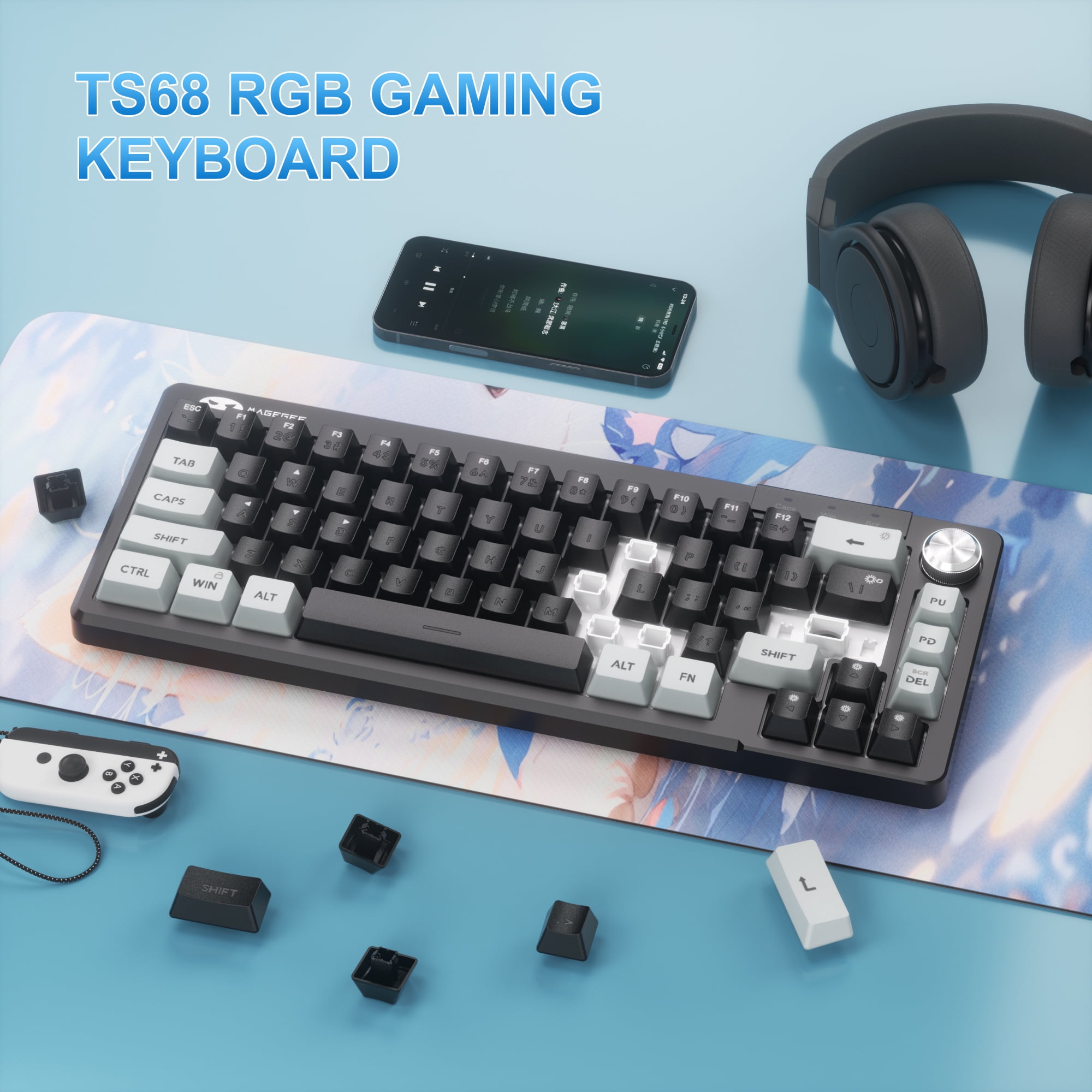 MageGee 60% Gaming Keyboard - TS68 Compact Mechanical-Style Tactile Feel, RGB Backlit with Smart Knob, 68 Keys Ergonomic Design, 18-Key Anti-Ghosting