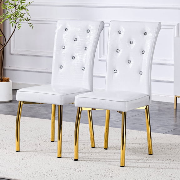 TesNus Set of 2 White PU Leather Dining Chairs Crystal Button Upholstered Gold Metal Legs High Back for Dining Room