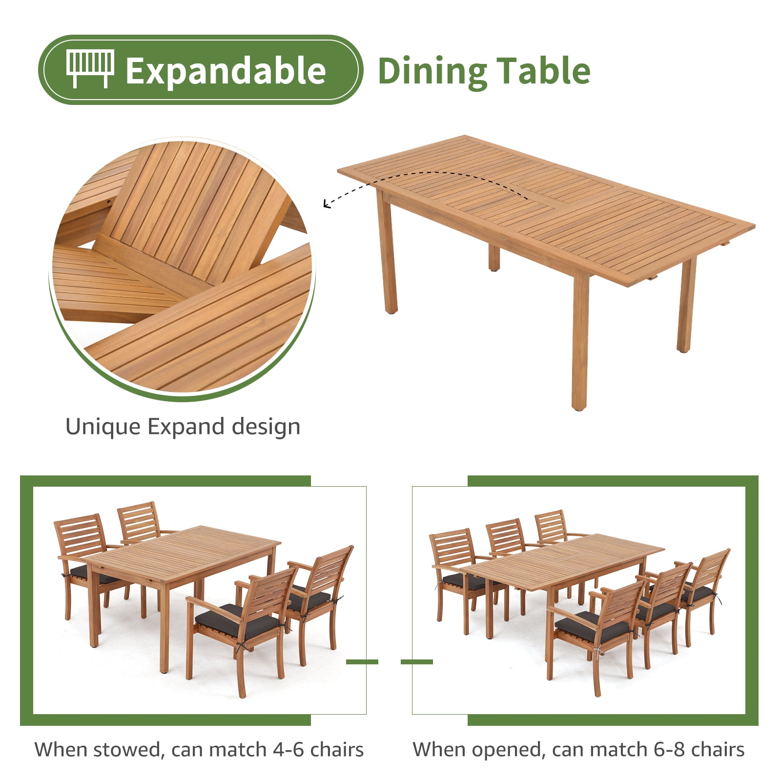 7 Piece Patio Dining Set, Outdoor Acacia Wood Furniture Set, Extendable Rectangular Table and 6 Stackable chairs, Removeable Fabric Dark Gray Cushion, FSC Certified, for Deck Garden Backyard