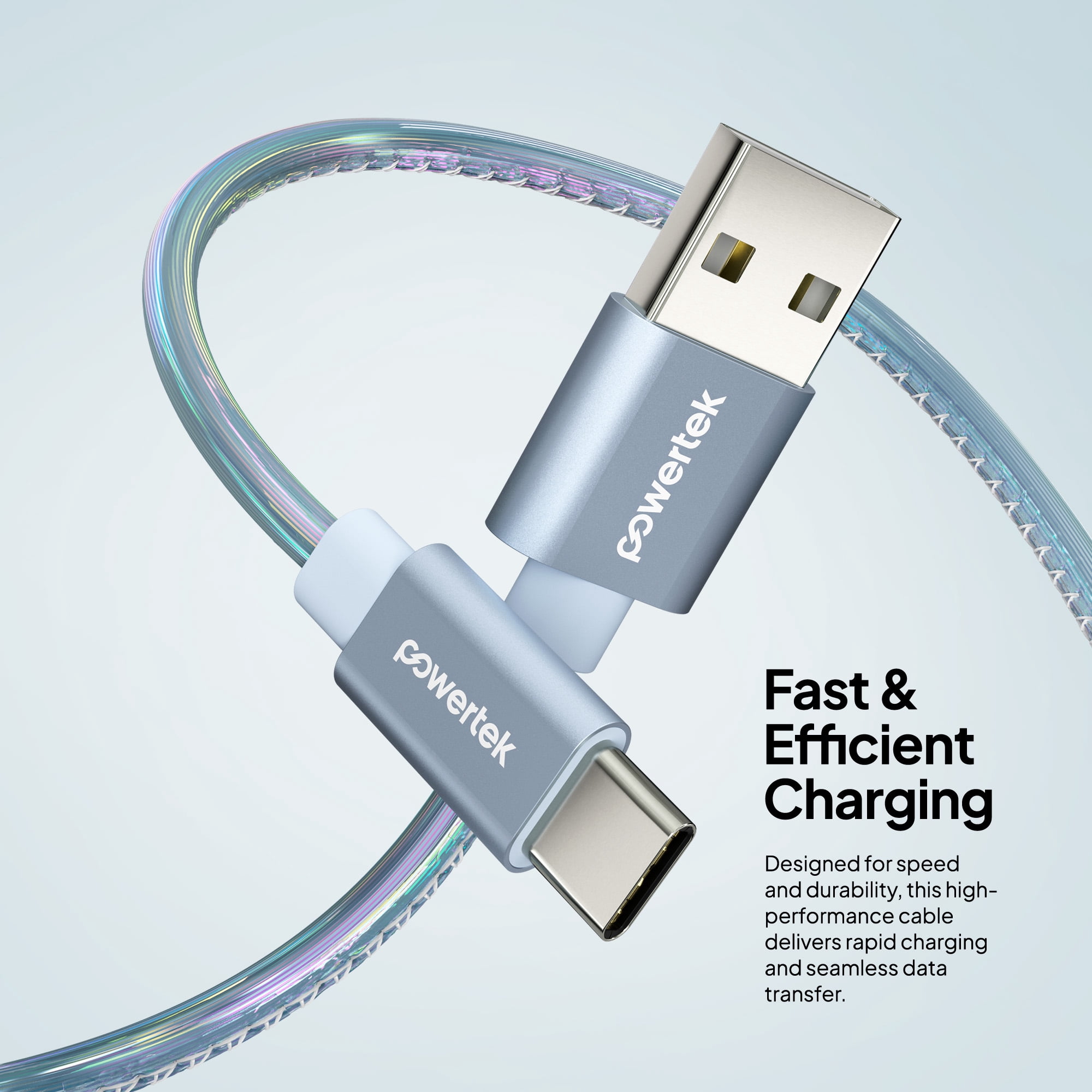 Powertek USB-A to USB-C (Type-C) Metallic Shine Pastel Charging Cable, 6 ft, Blue