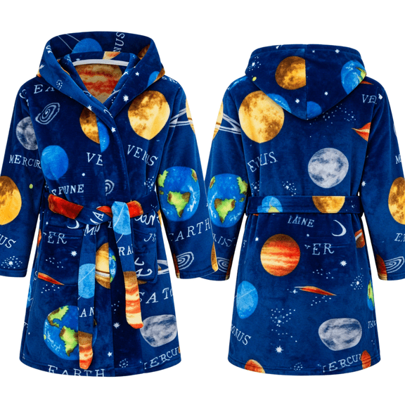 LYMAYTER 2-12Y Kids Boys Robe Soft Flannel Cozy Hooded Bathrobe Star Sky Printed Casual Home Wear Robe for Toddler