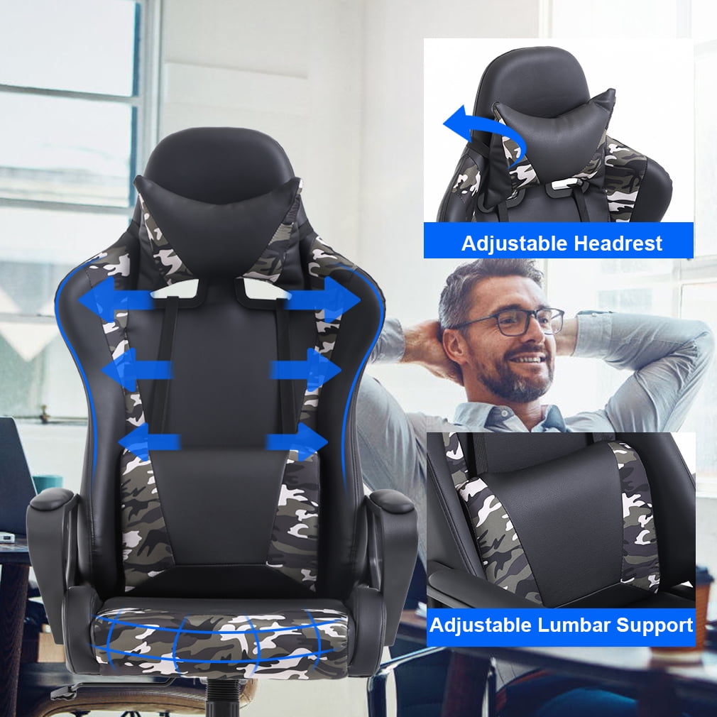 BestOffice Racing Style Gaming Chair with Adjustable Pillows and Reclining Backrest for Unisex Gamers(Camo)