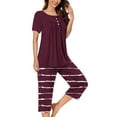 thumbnail image 2 of Tnhcen Women's Solid Color Henley Sleepwear Set - Pleated Front Button-Up Top Capri Pants with Side Pockets Stretchy Pajamas Set Loungewear (S-3XL), 2 of 7