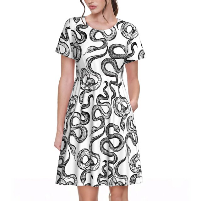 Disketp Hand Drawn Snake para Vestido de Manga Corta para Mujeres, Vestidos de Verano para Mujeres, Casual y Holgado para la Playa