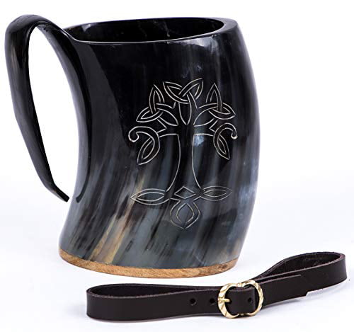 350 ML Polished Finish Viking Drinking Horn/Wine/Mead Mug w Leather Holder 