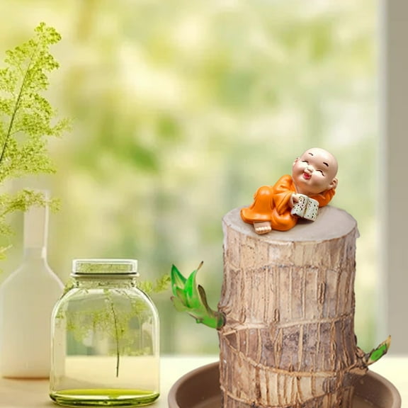 zhmrfg Basimu Funny Little Monk Car Office Desktop Flower Pot Ornament, Mini Resin Figurine with Green Leaves, Zen Decor for Home, Garden, and Office, Perfect for Relaxing Spaces and Gift Ideas