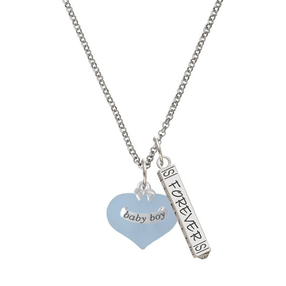 Delight Jewelry Baby Boy Blue Heart with Baby Feet Silvertone Forever Bar Charm Necklace, 23"