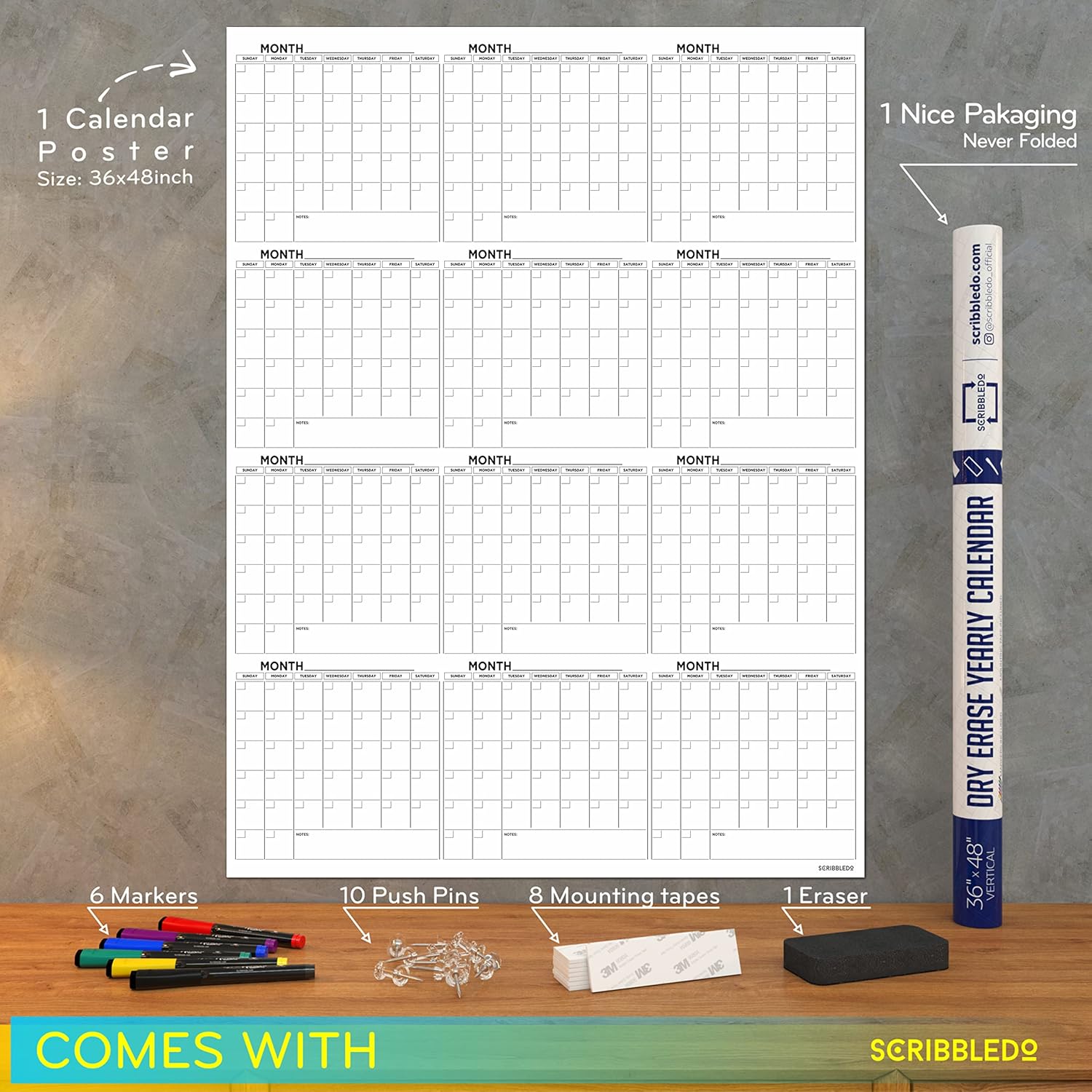 Scribbledo Large White Board Calender 2025, Dry Erase Calendar Whiteboard with 6 Markers, 48" x 36"