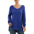 thumbnail image 4 of JWD Women's V-Neck Long Sleeve Side Split Loose Casual Knit Pullover Sweater Blouse Royal Blue-XX-Large, 4 of 5